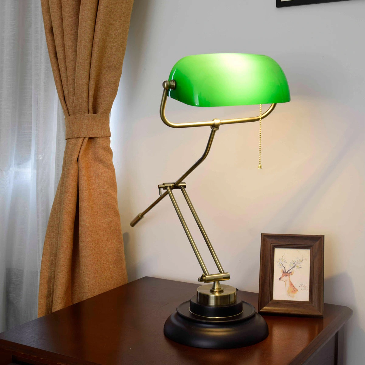Green glass shade with warm light