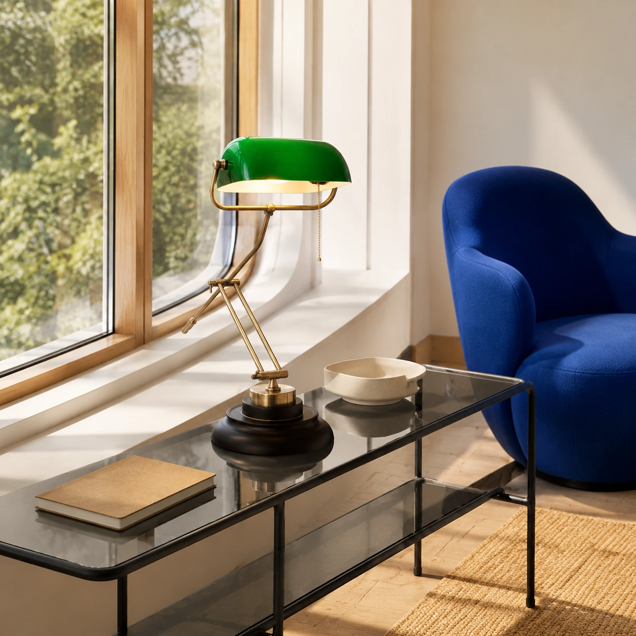 Articulated green glass table lamp in a bright Bauhaus sunroom