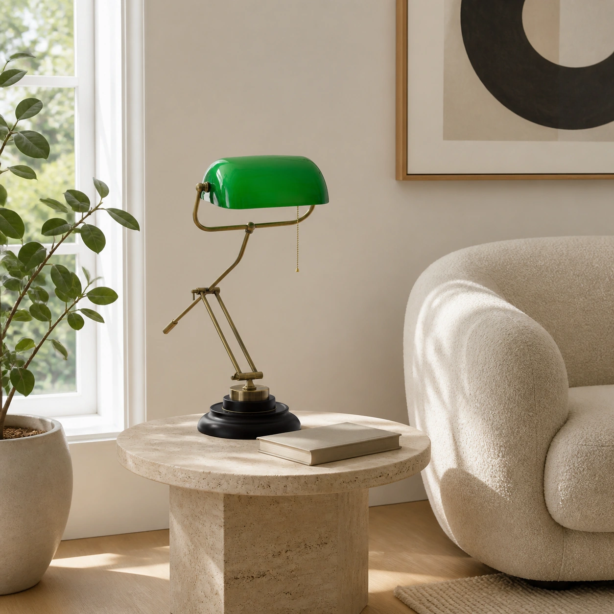 Green glass table lamp beside a reading chair