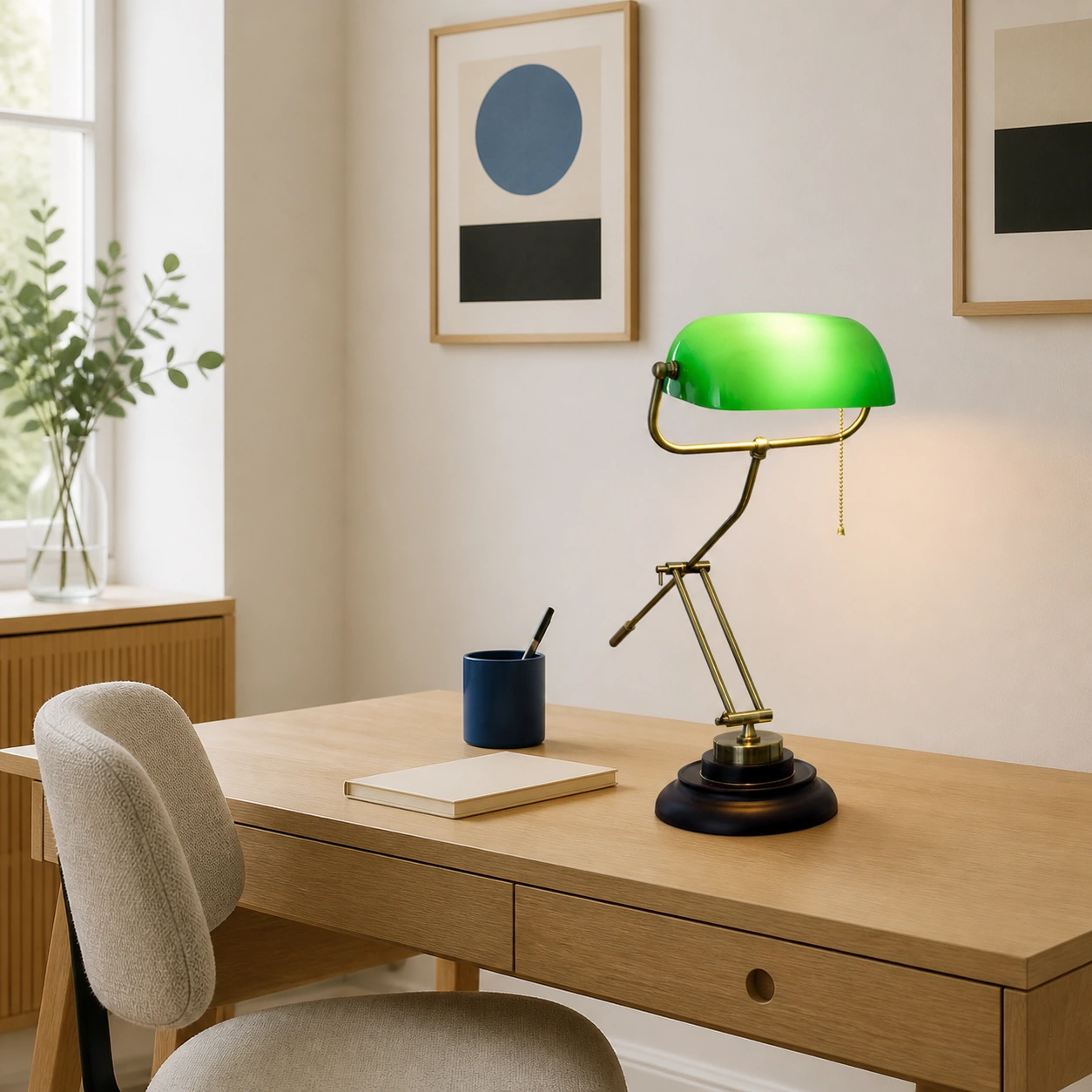 Green glass table lamp on a Nordic writing desk