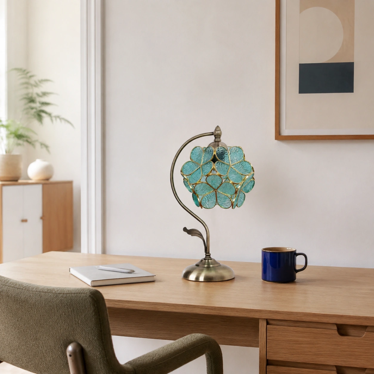 Tiffany petal glass table lamp on a Nordic writing desk