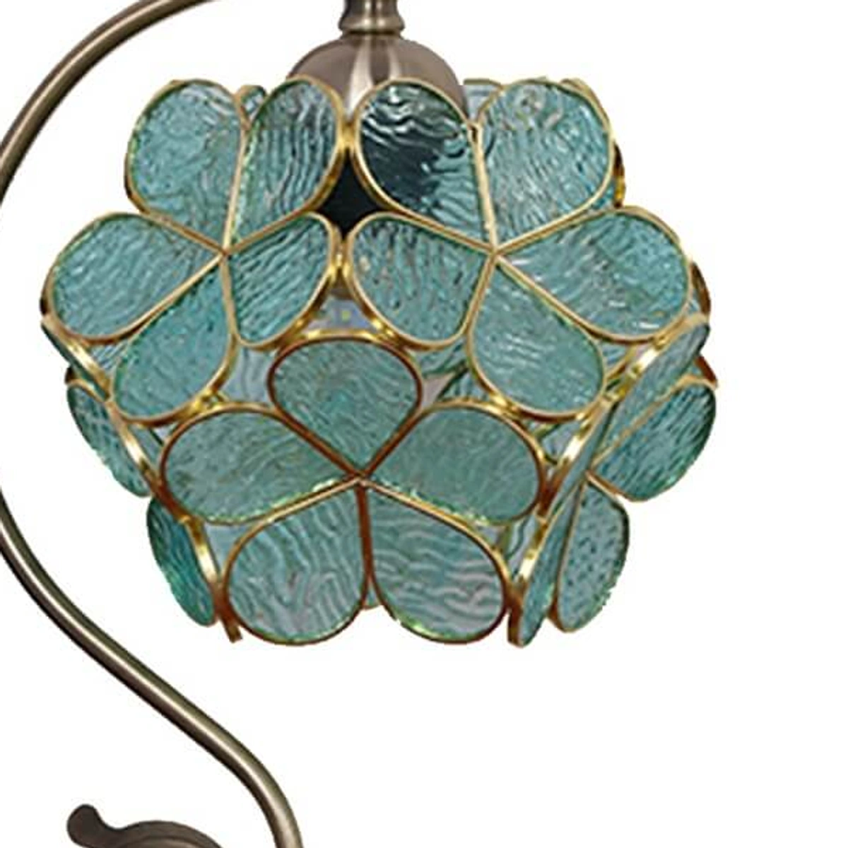 Blue-green Tiffany glass petals with dark metal outlines