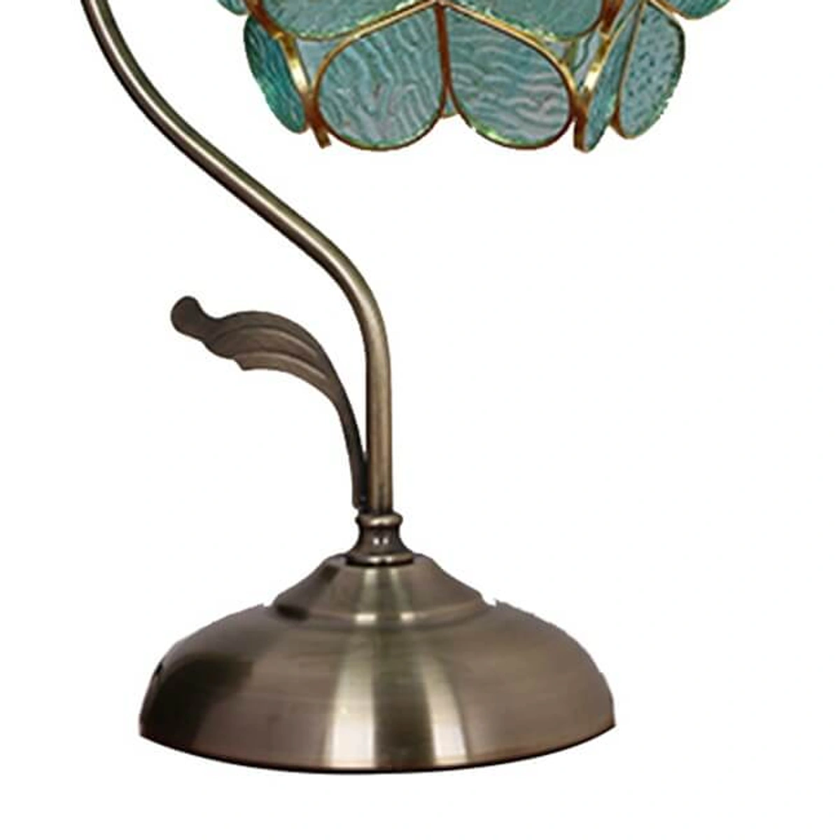 Curved antique-brass support and stable circular base