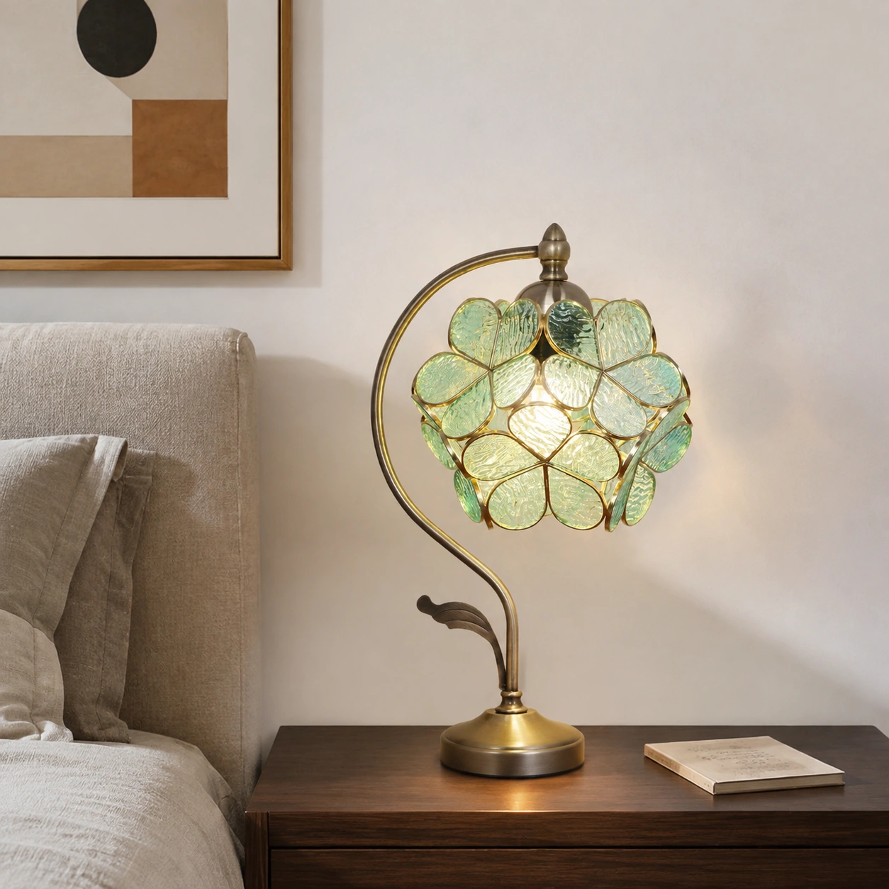 Tiffany petal glass table lamp on a bedside table