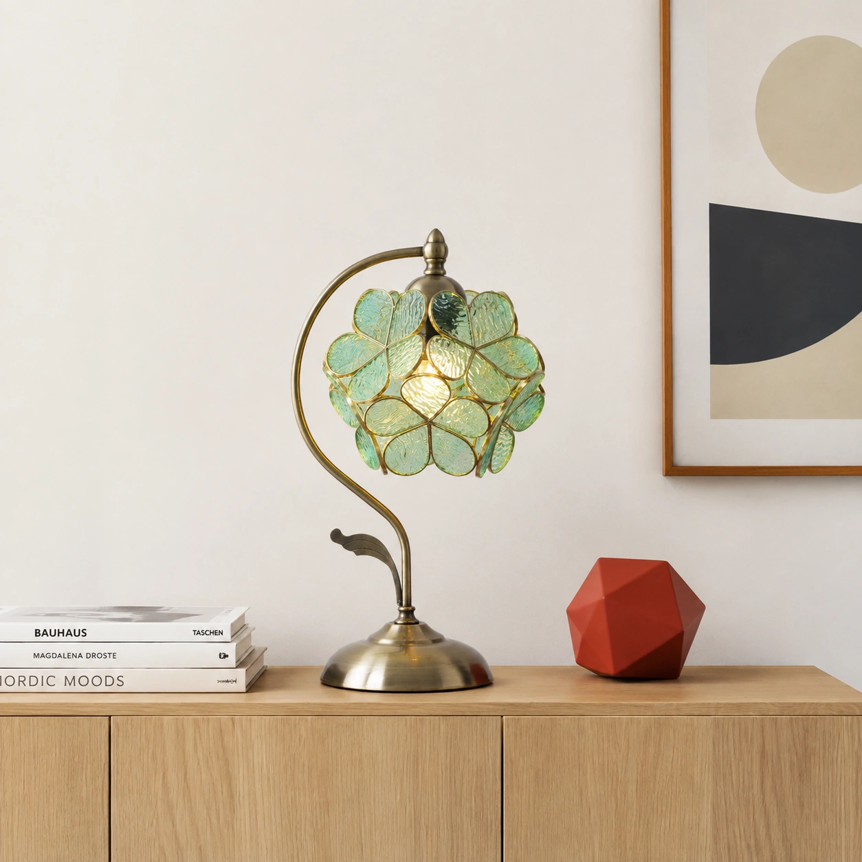 Tiffany petal glass table lamp on an ash sideboard