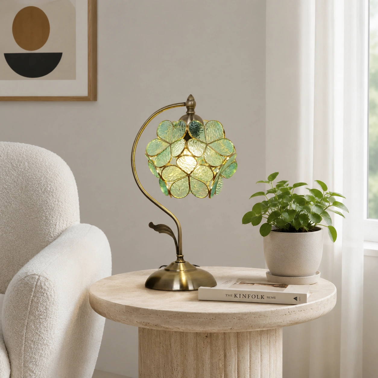 Tiffany petal glass table lamp beside a reading chair