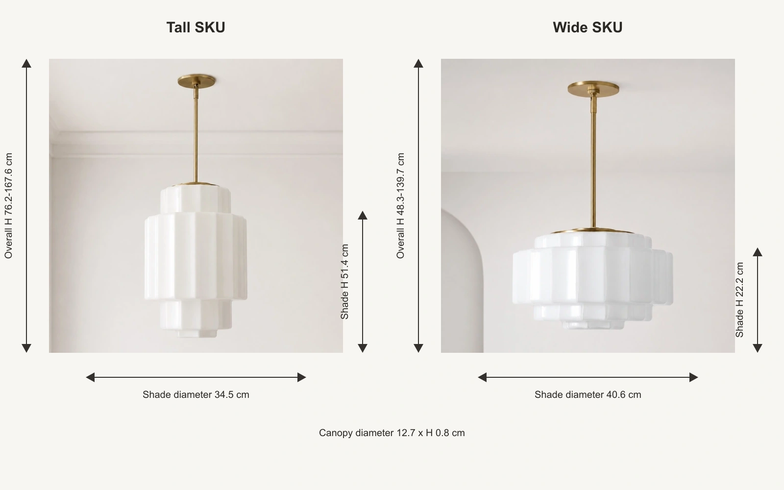Two SKU pendant dimensions in centimetres