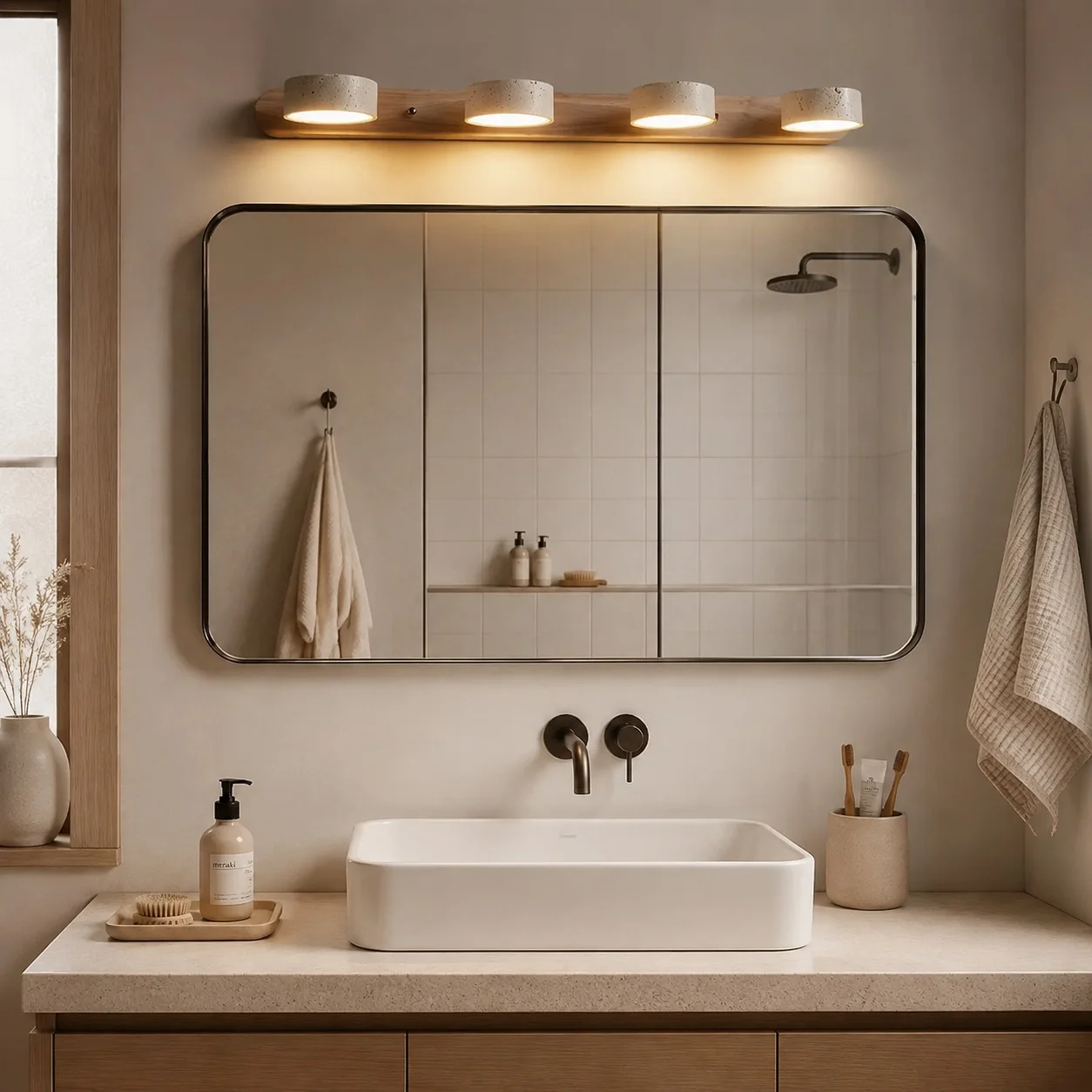 Four-light natural wood wall sconce above a large mirror