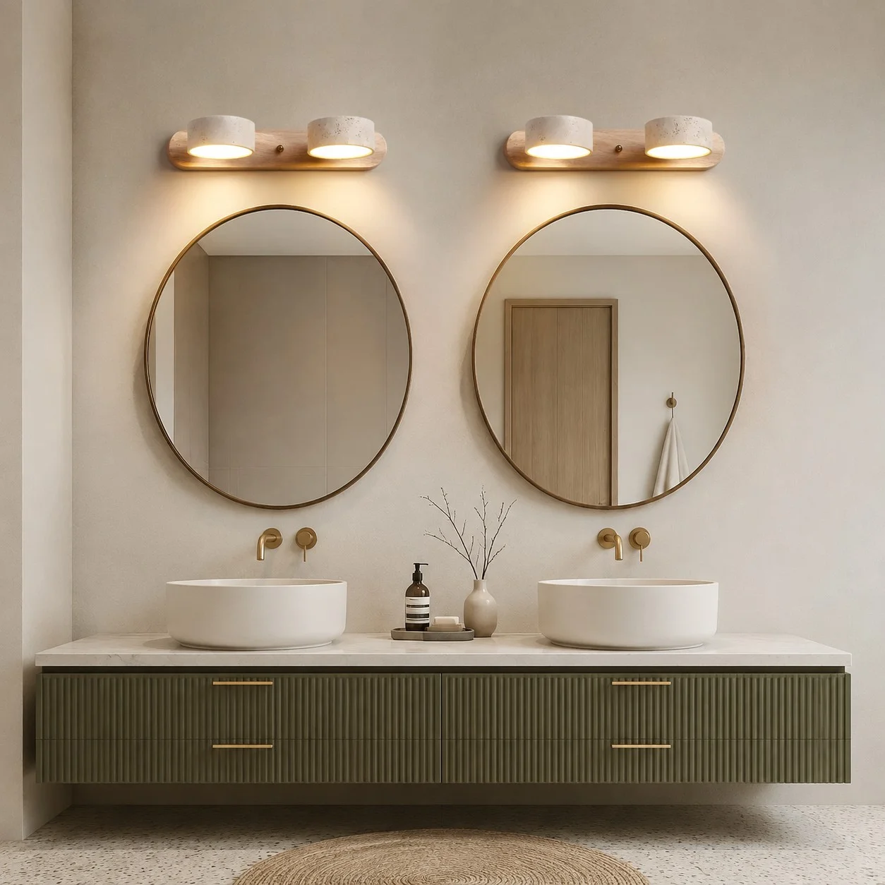 Two matching two-light wall sconces above two mirrors
