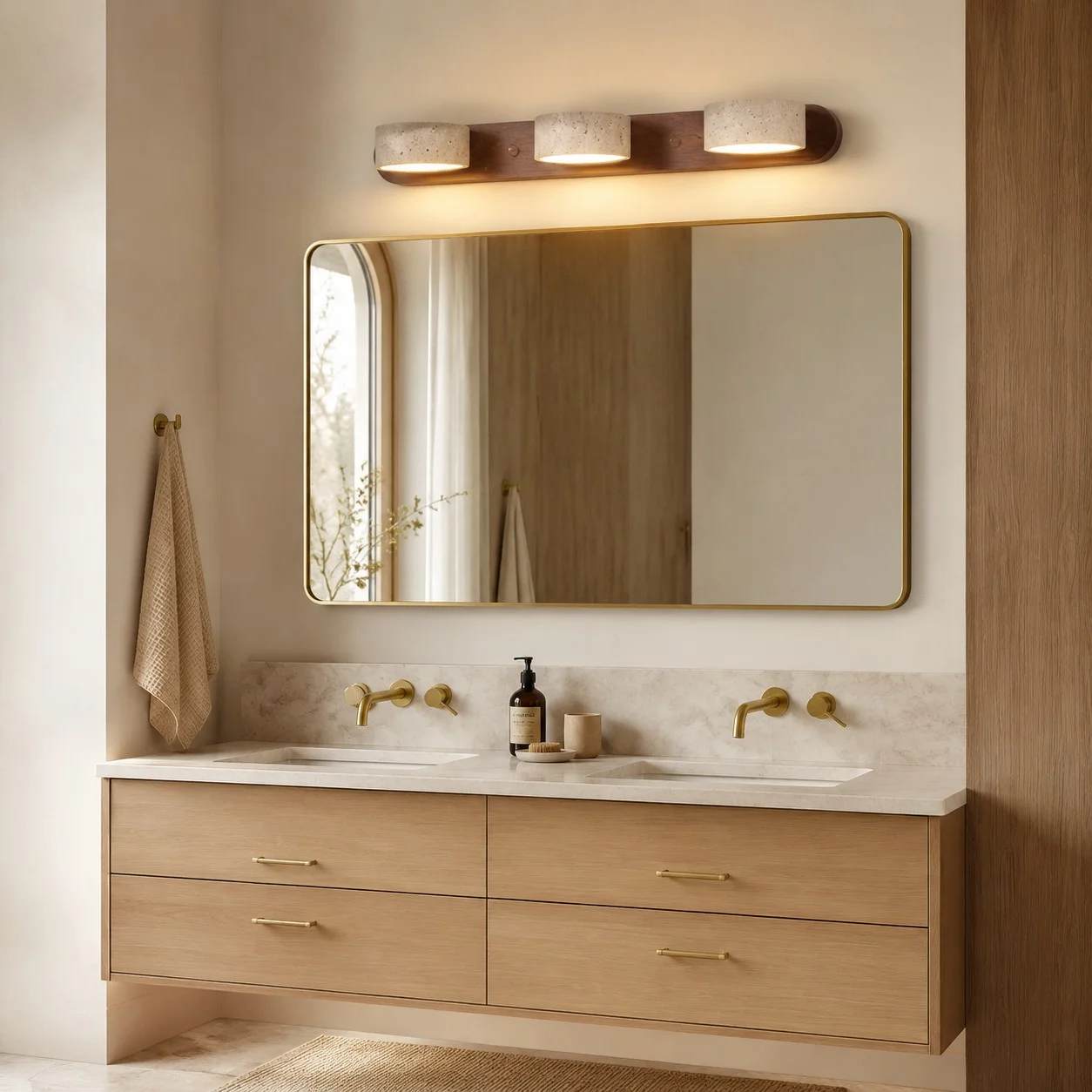 Three-light walnut wall sconce above a double vanity