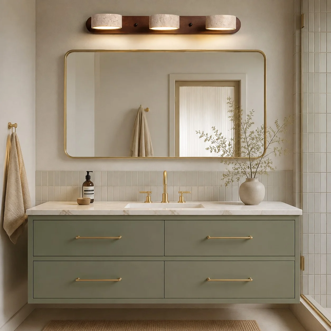 Three-light walnut wall sconce above a contemporary vanity