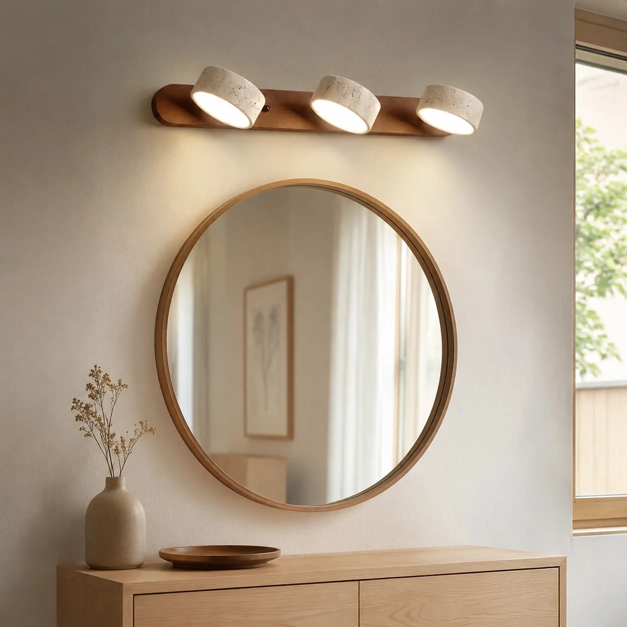 Three-light walnut wall sconce above a round mirror