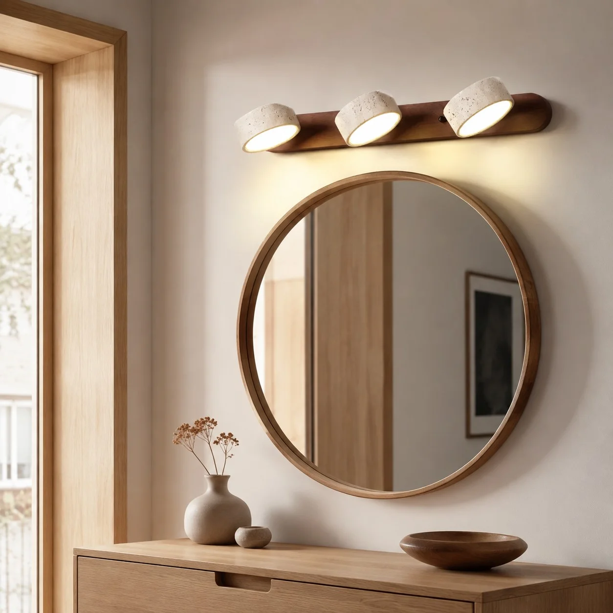 Three-light walnut wall sconce above a round mirror