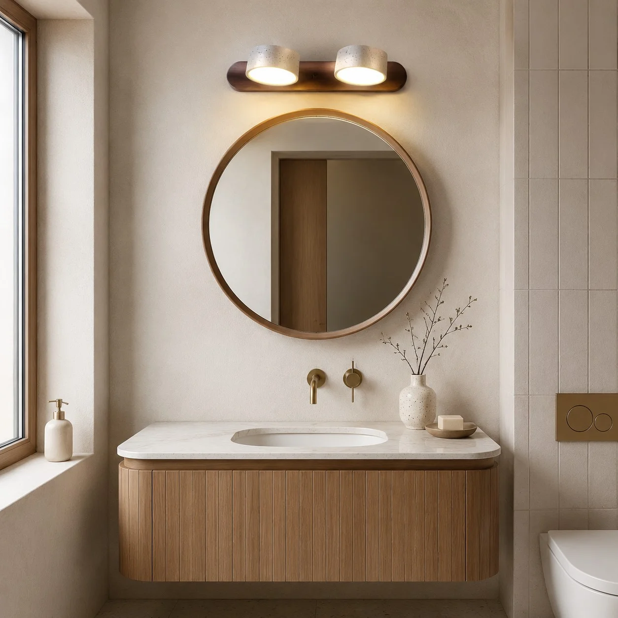 Two-light walnut wall sconce above a compact vanity