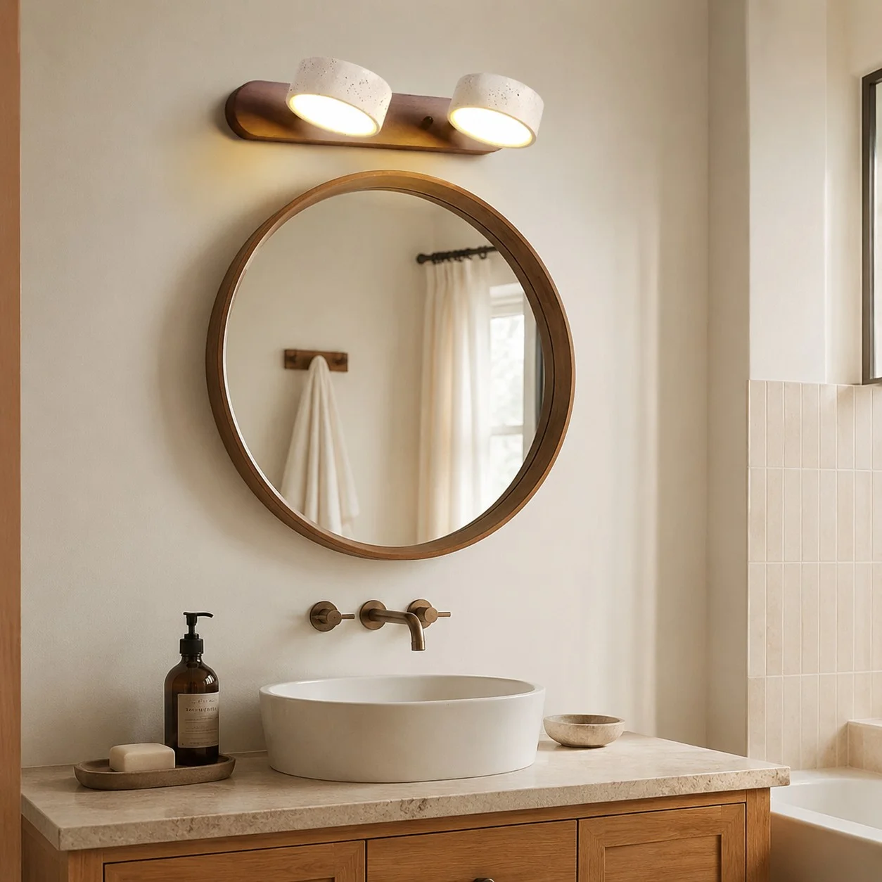 Two-light walnut wall sconce in a modern bathroom