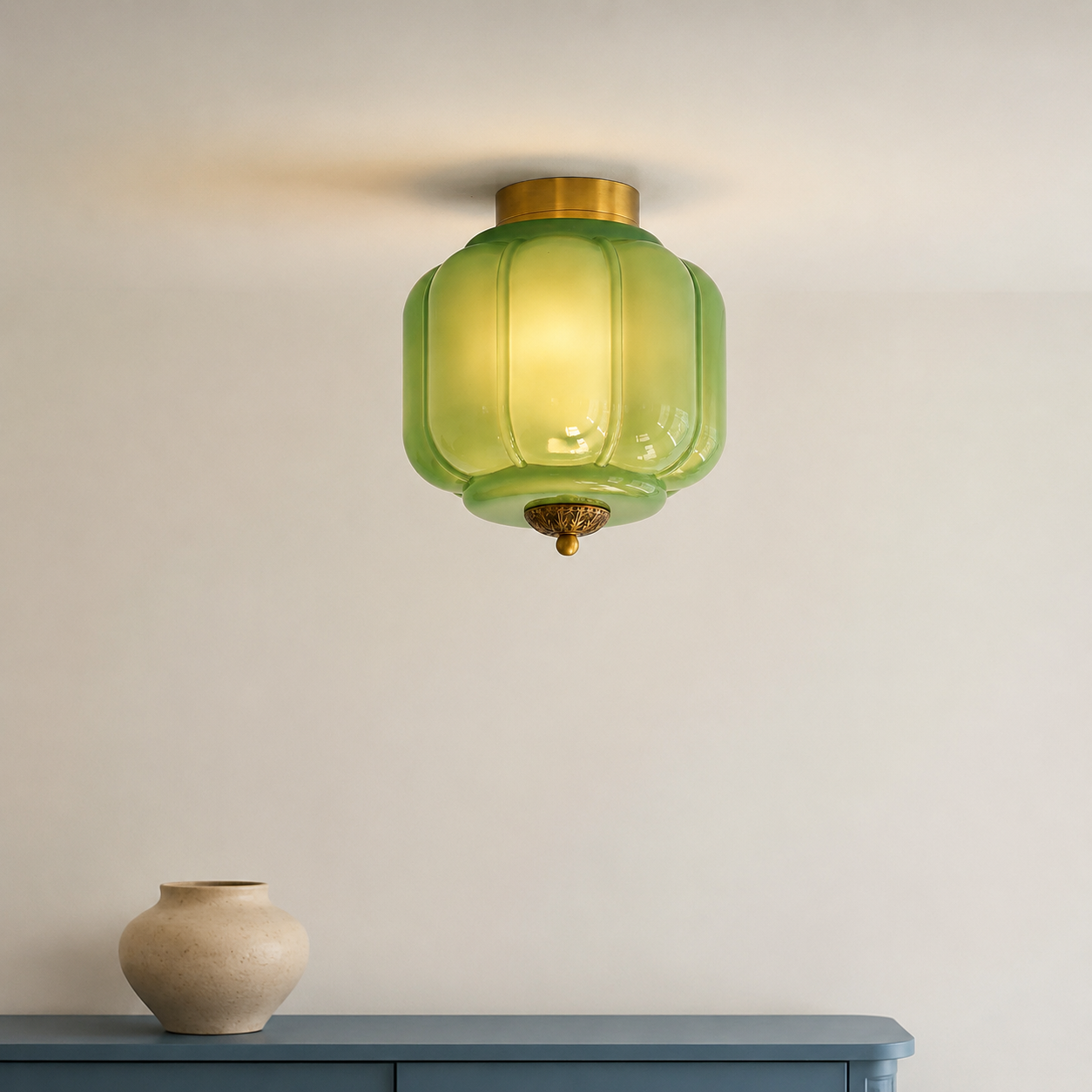 Karen green ceiling light centered in a minimal Nordic modern setting