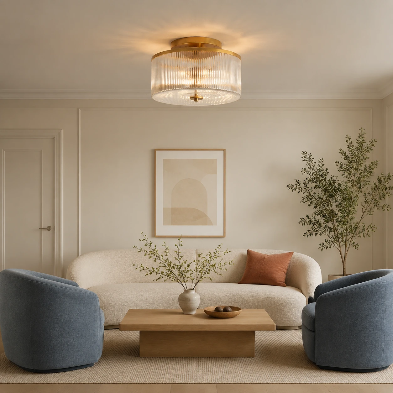 Brass ribbed glass ceiling light in a Nordic living room