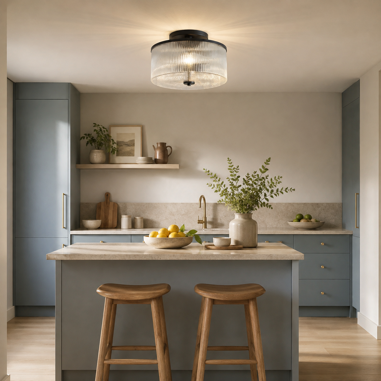 Black ribbed glass ceiling light in a modern kitchen