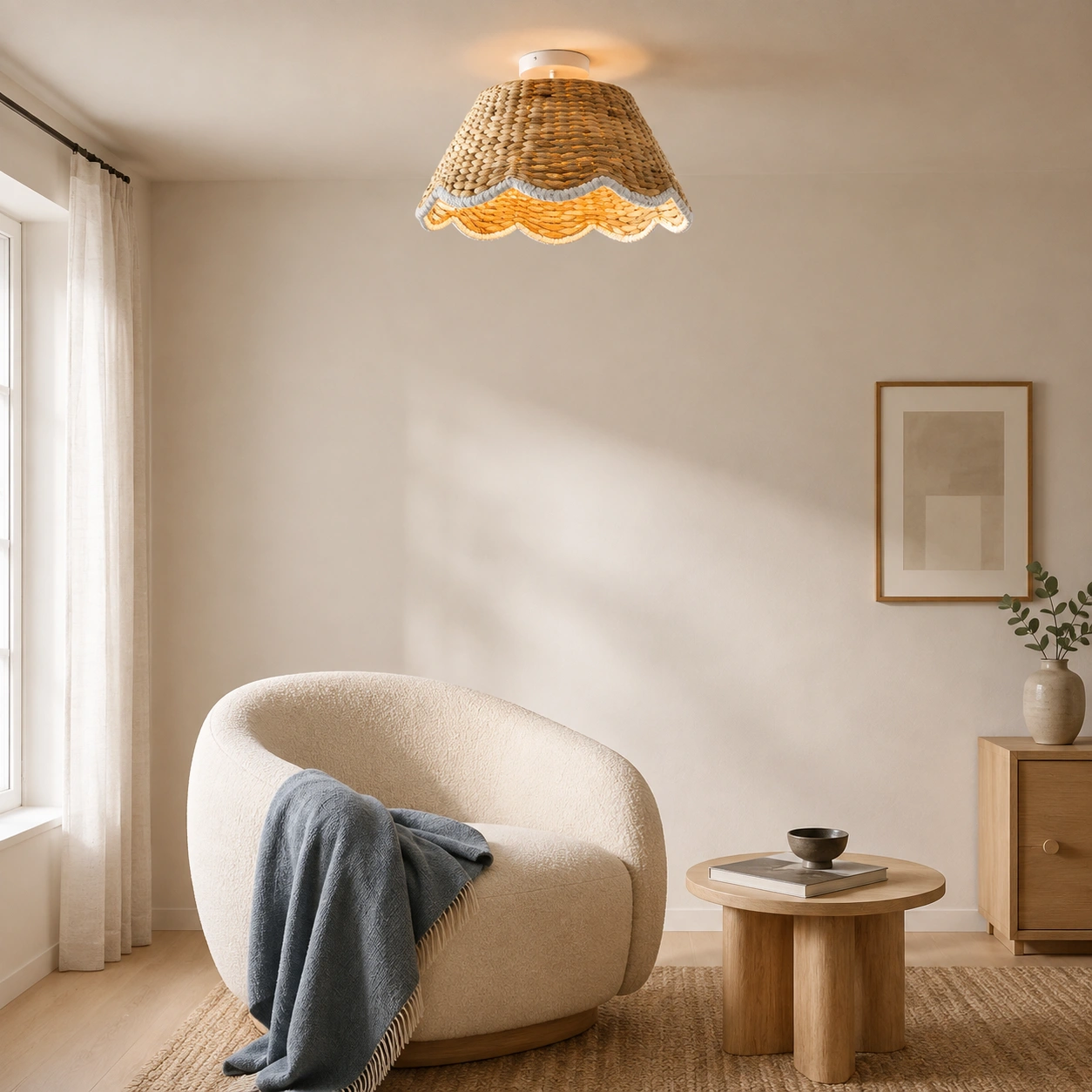 Astraios rattan ceiling light in a Nordic reading corner