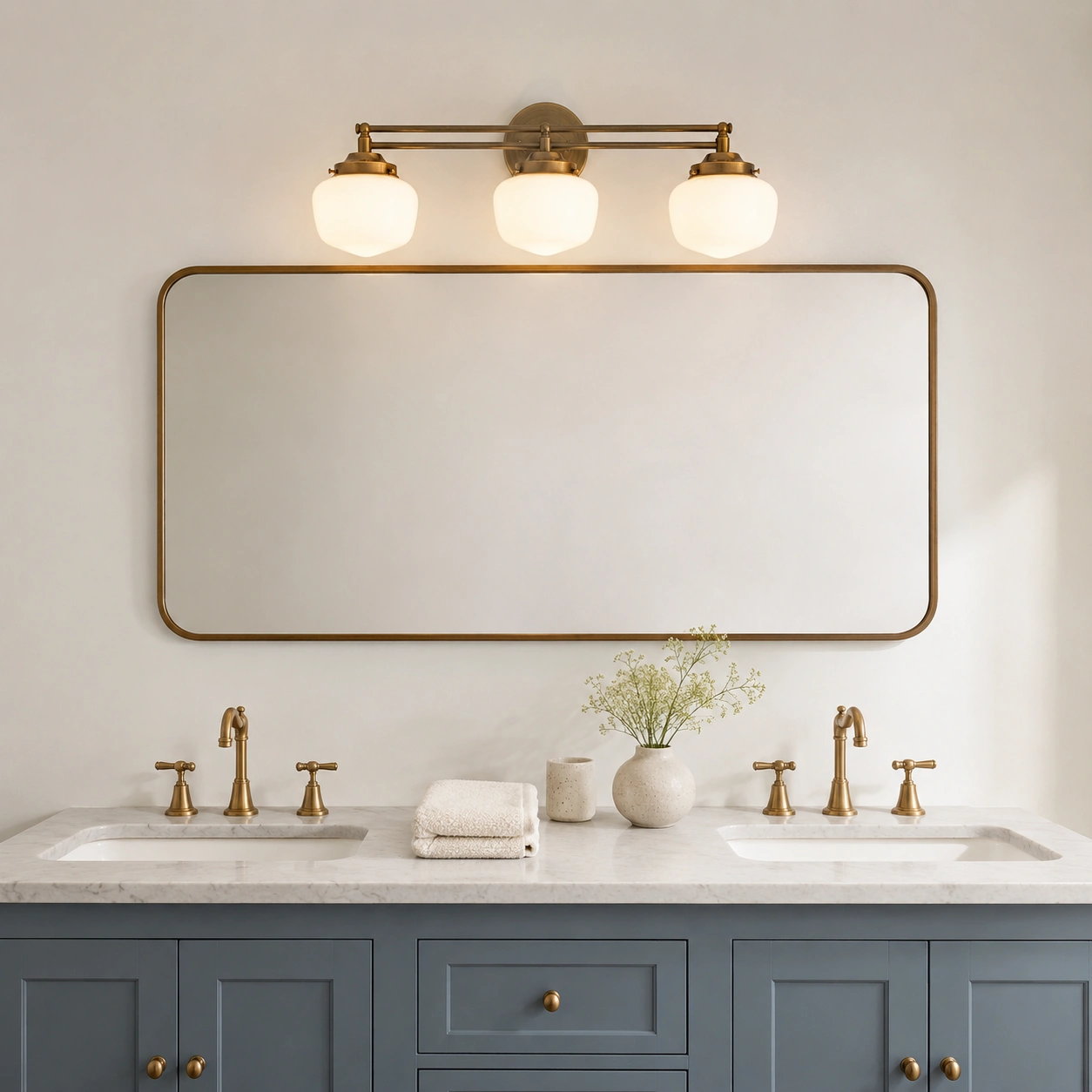 Three-light vanity fixture above double vanity