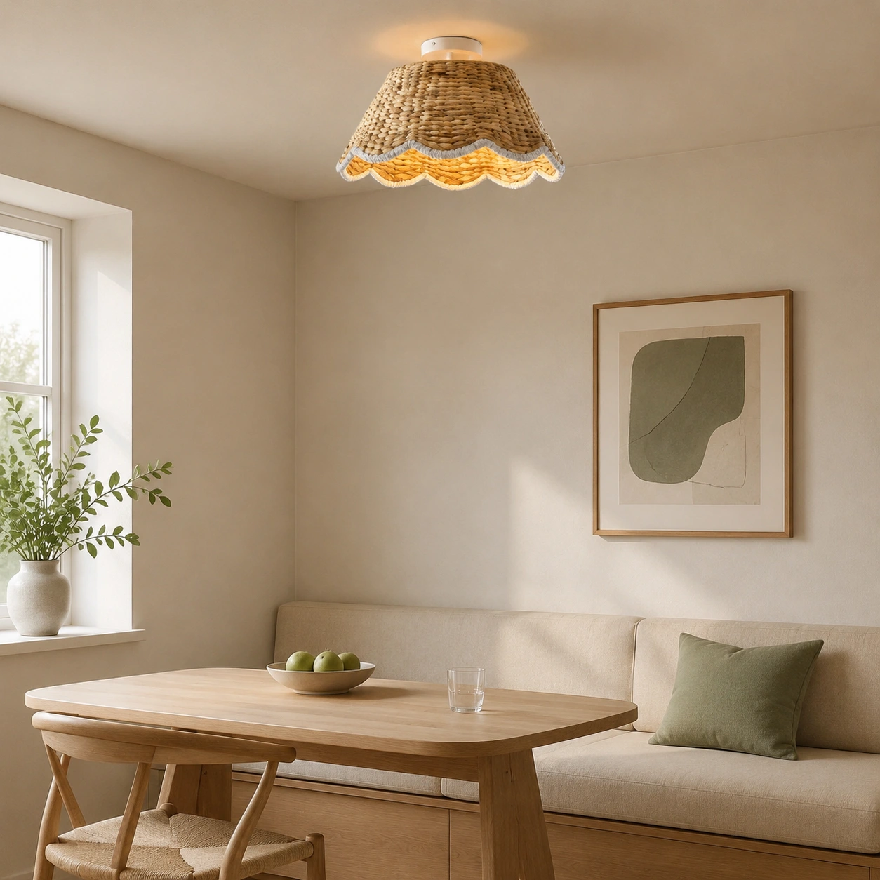 Astraios rattan ceiling light above a breakfast banquette