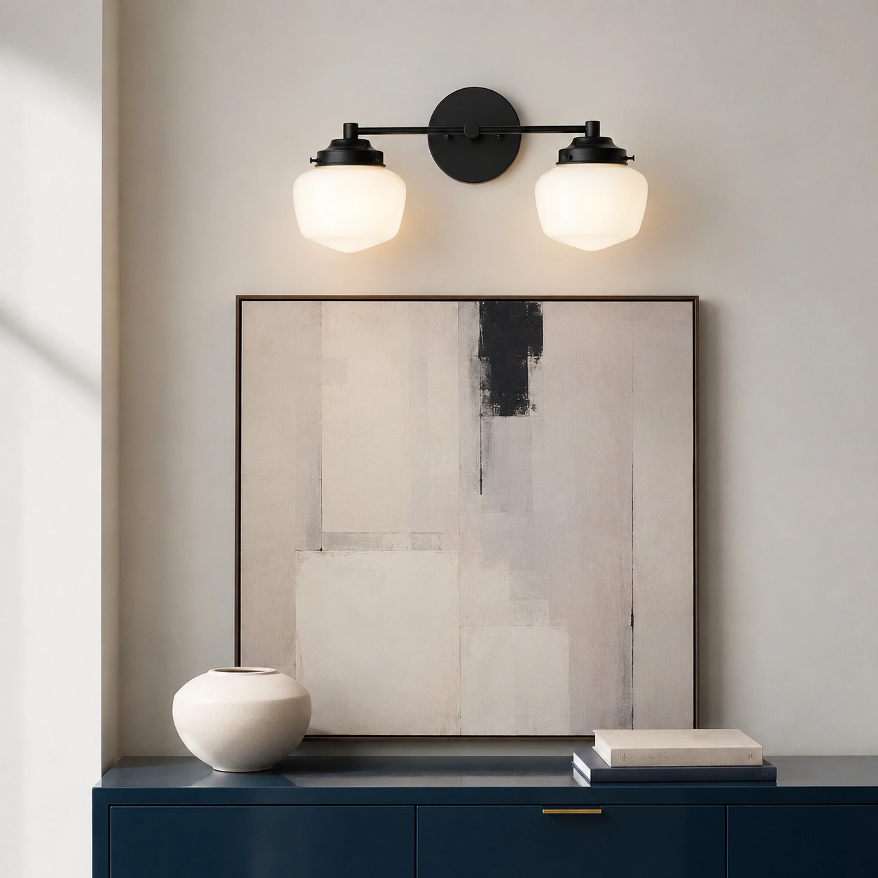 Black vanity light above living room storage