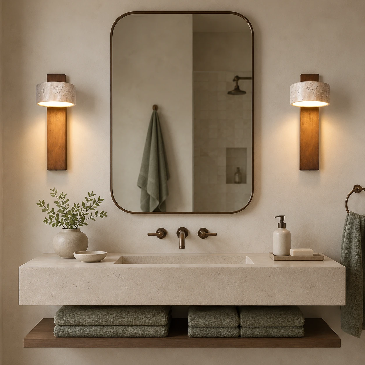 Pair of walnut wall sconces beside bathroom mirror