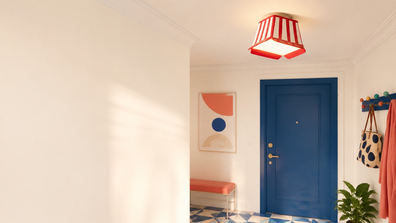 Celeste striped ceramic ceiling light in a bright Memphis entry