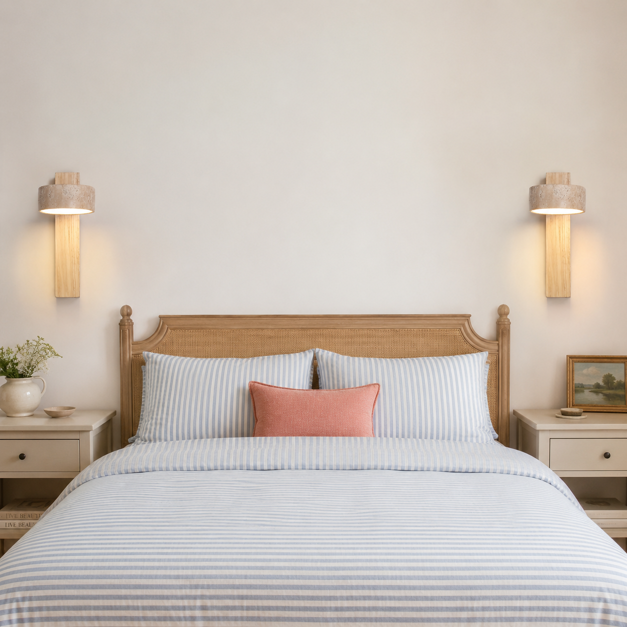 Light wood sconces in bedroom
