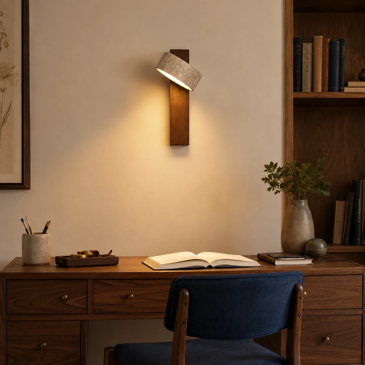 Adjustable walnut sconce angled toward a study desk