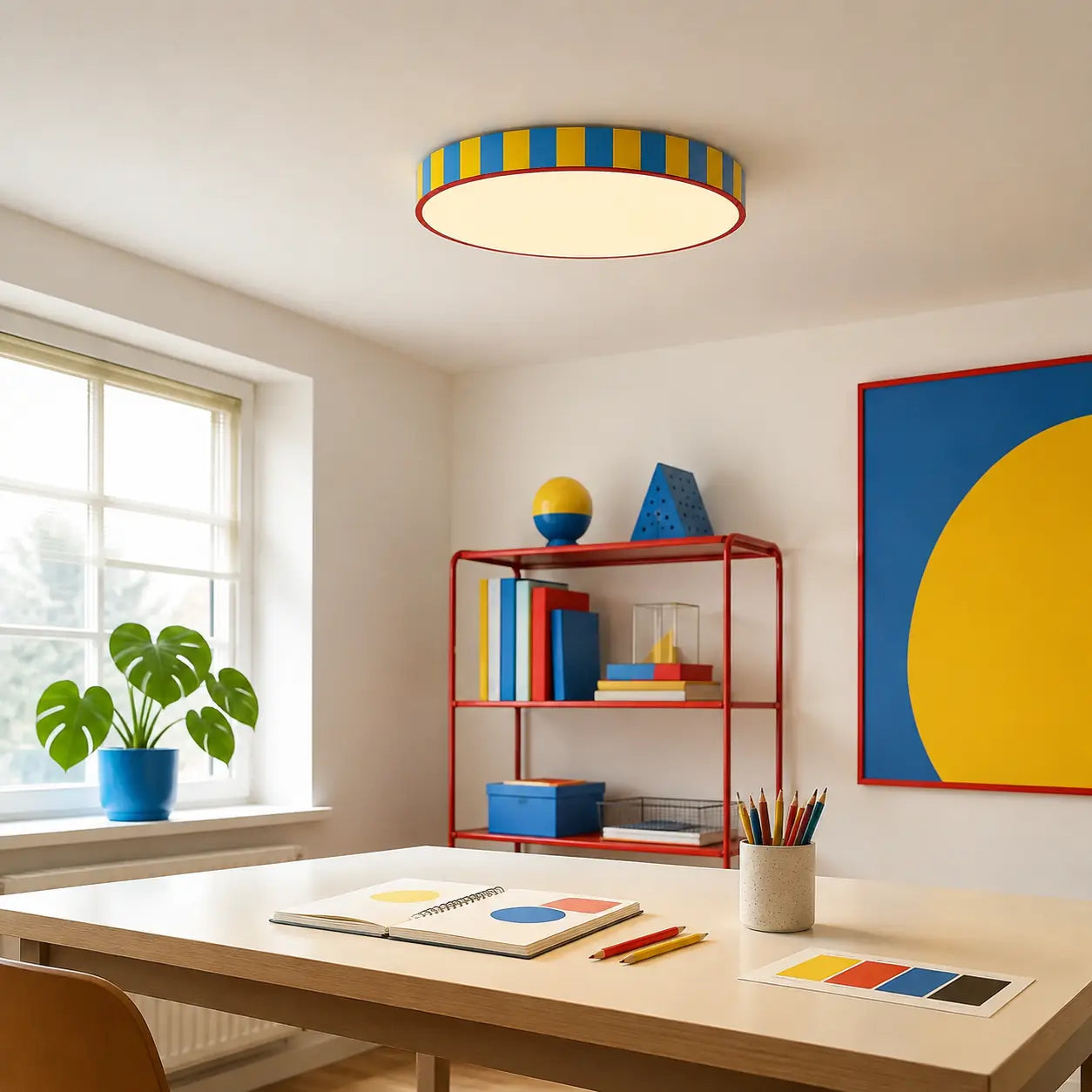 Striped Bauhaus flush mount ceiling light above a bright home creative studio