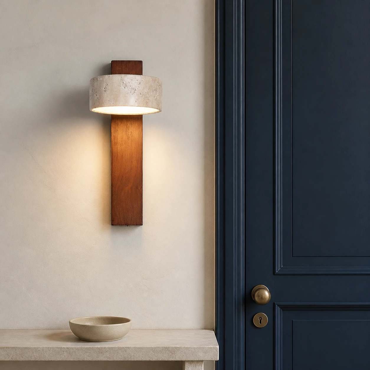Walnut sconce at entry door