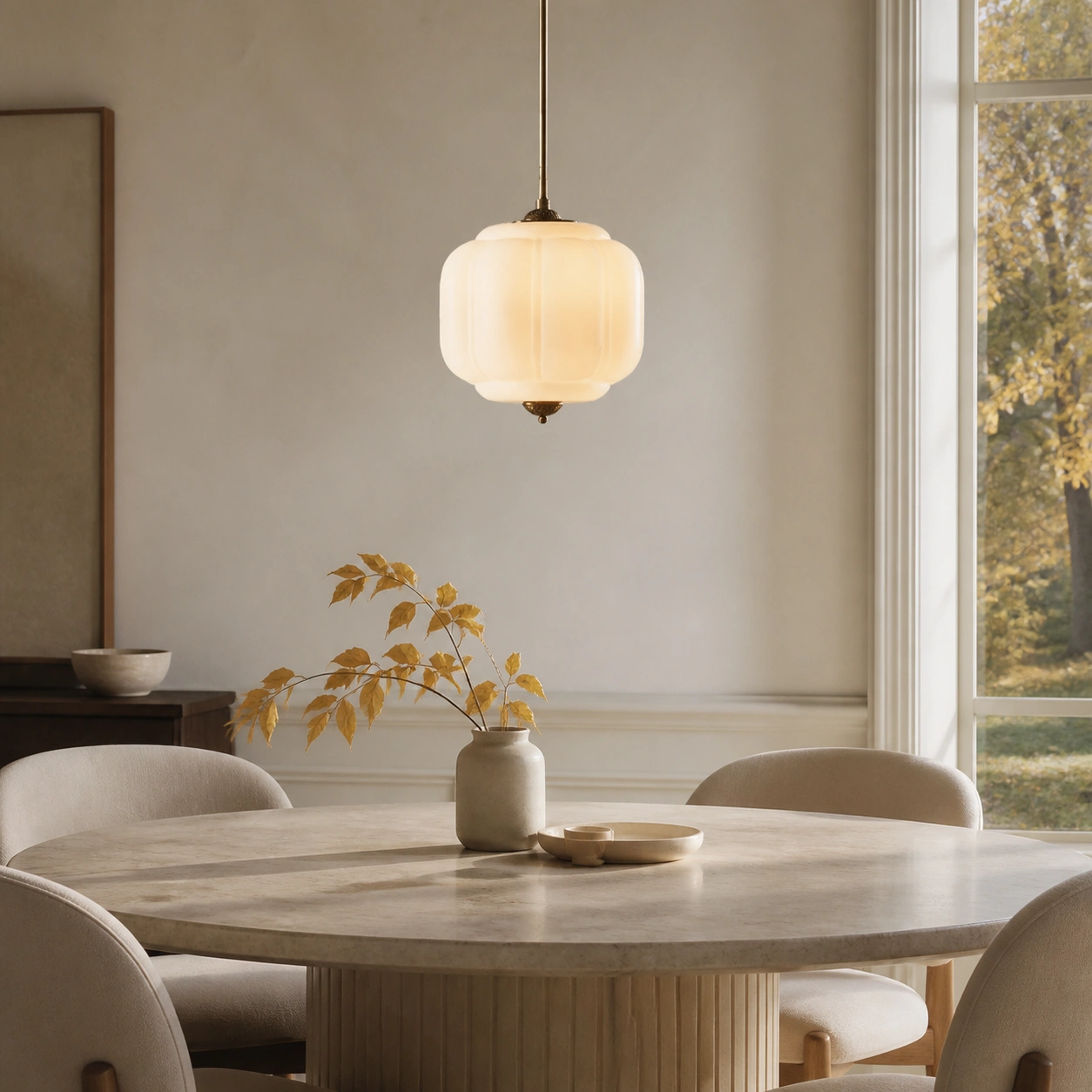 White pendant above a round dining table
