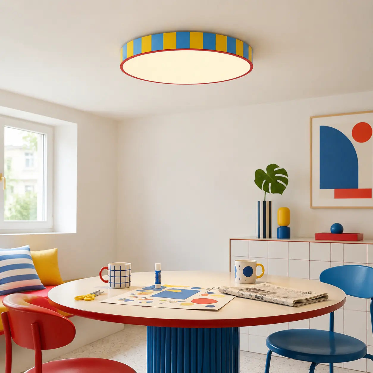 Round striped flush mount ceiling light above a colorful breakfast and craft nook