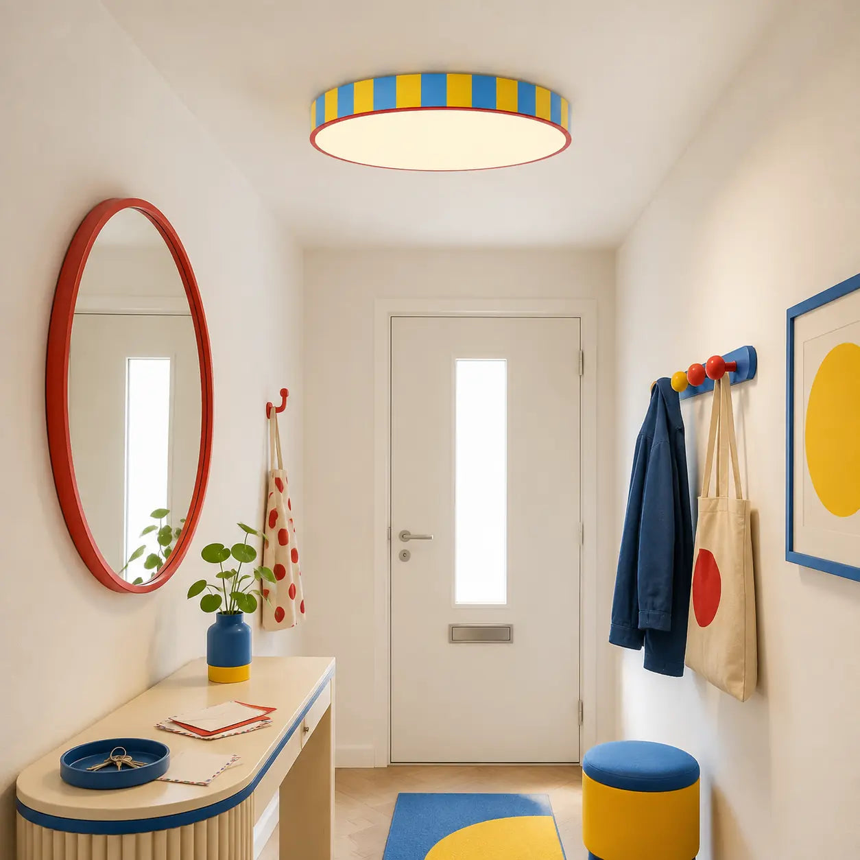 Colorful low-profile ceiling light in a playful modern entry hallway