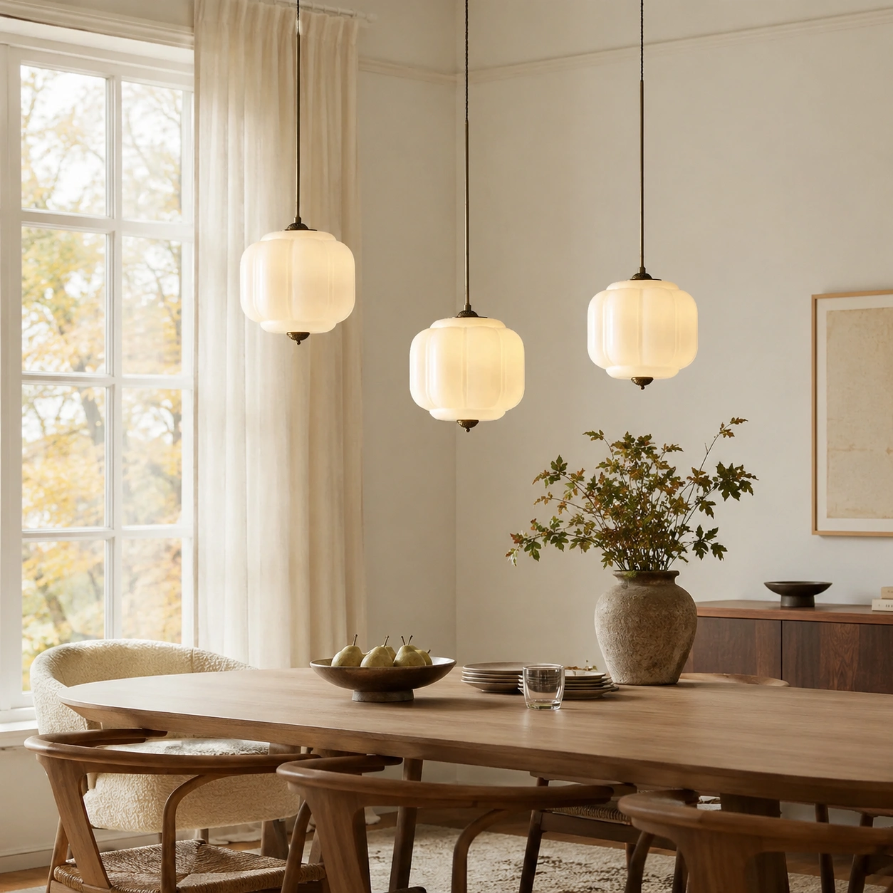 Three white pendants over a dining table