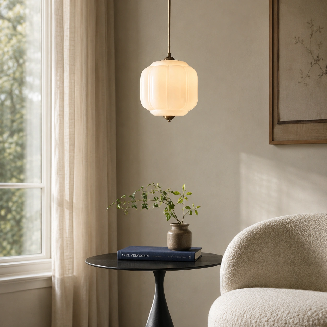 White and black pendant in a reading area