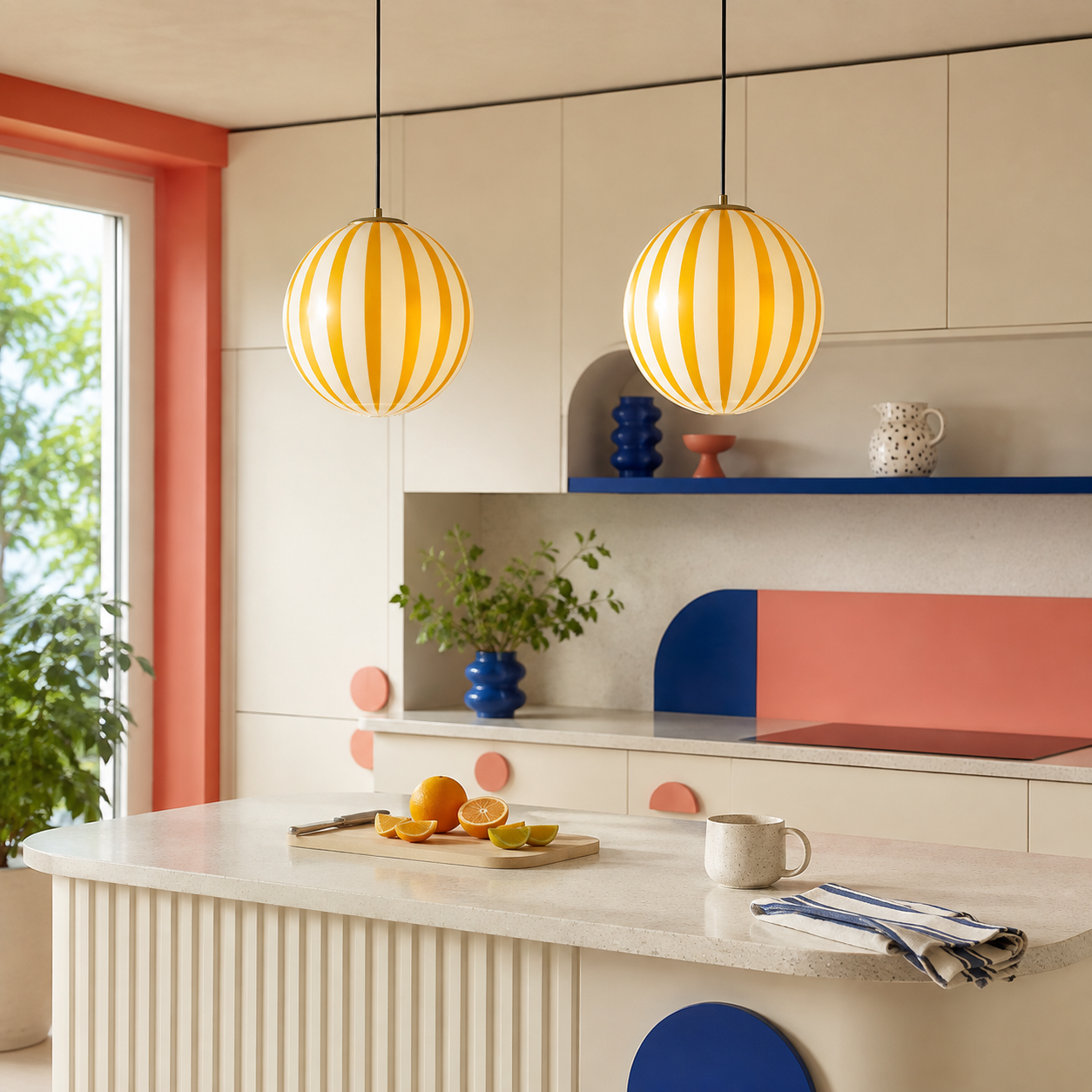 Two Mireille yellow striped glass pendants over a bright kitchen island
