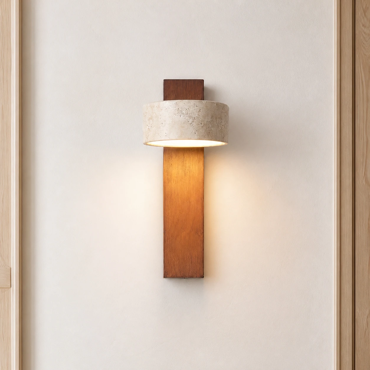 Walnut Wood and Beige sconce switched on