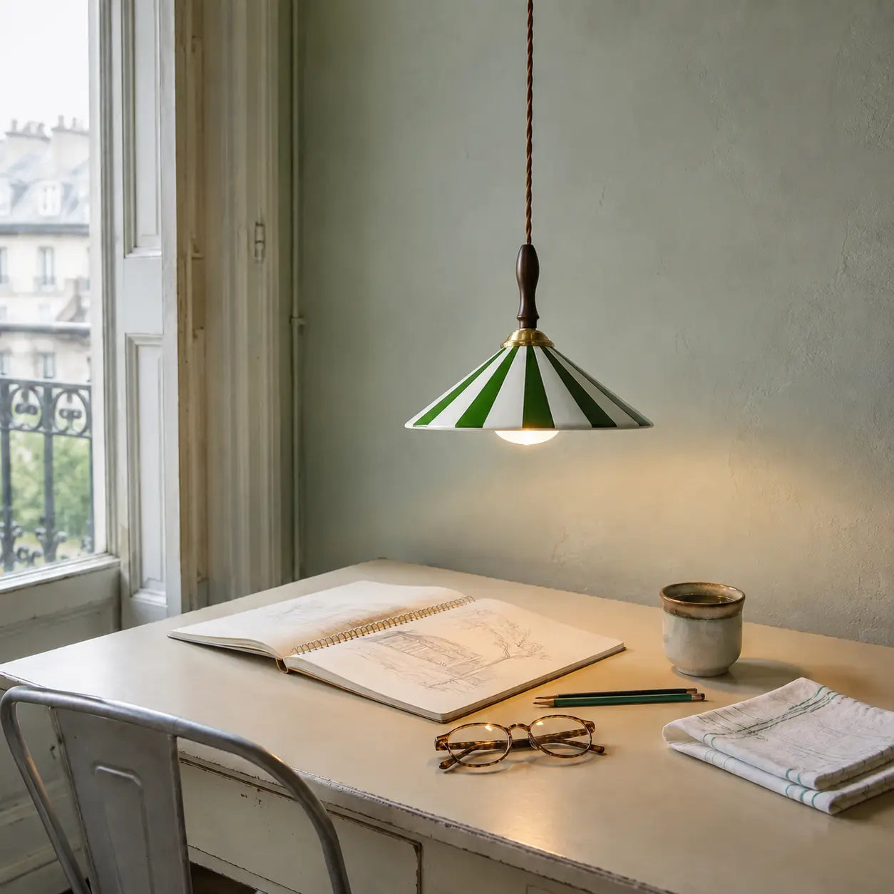 Green Solenne pendant above an active French creative workspace