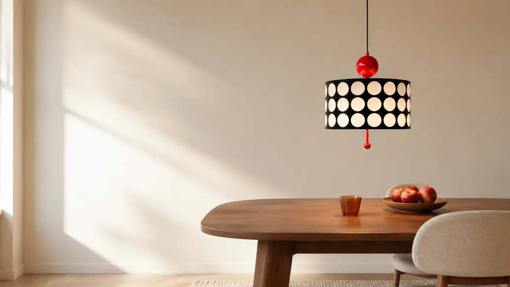 Red Jaxon lattice pendant above a walnut table in a bright Nordic dining room