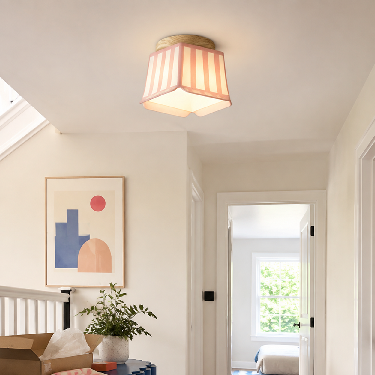Pink Celeste light in an upstairs hallway