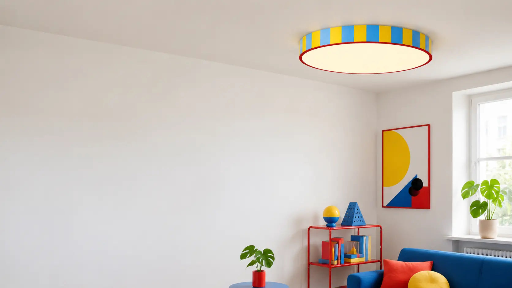 Colorful striped round ceiling light in a bright modern creative interior