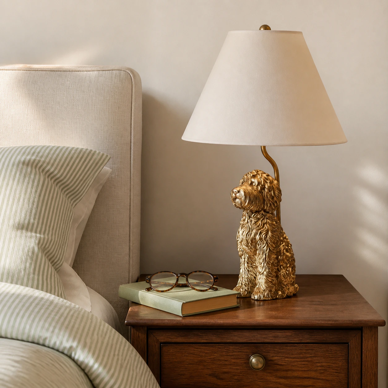 Eirik Doodle lamp beside pale green striped bedding