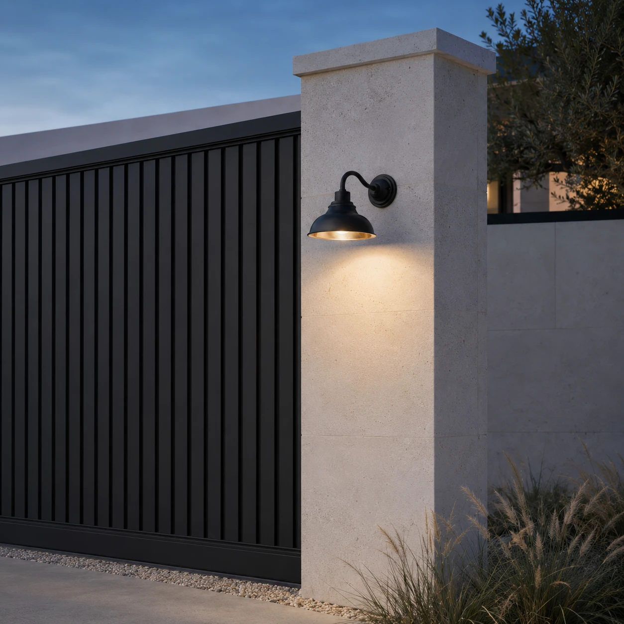 Rowen wall sconce at a contemporary gate pier