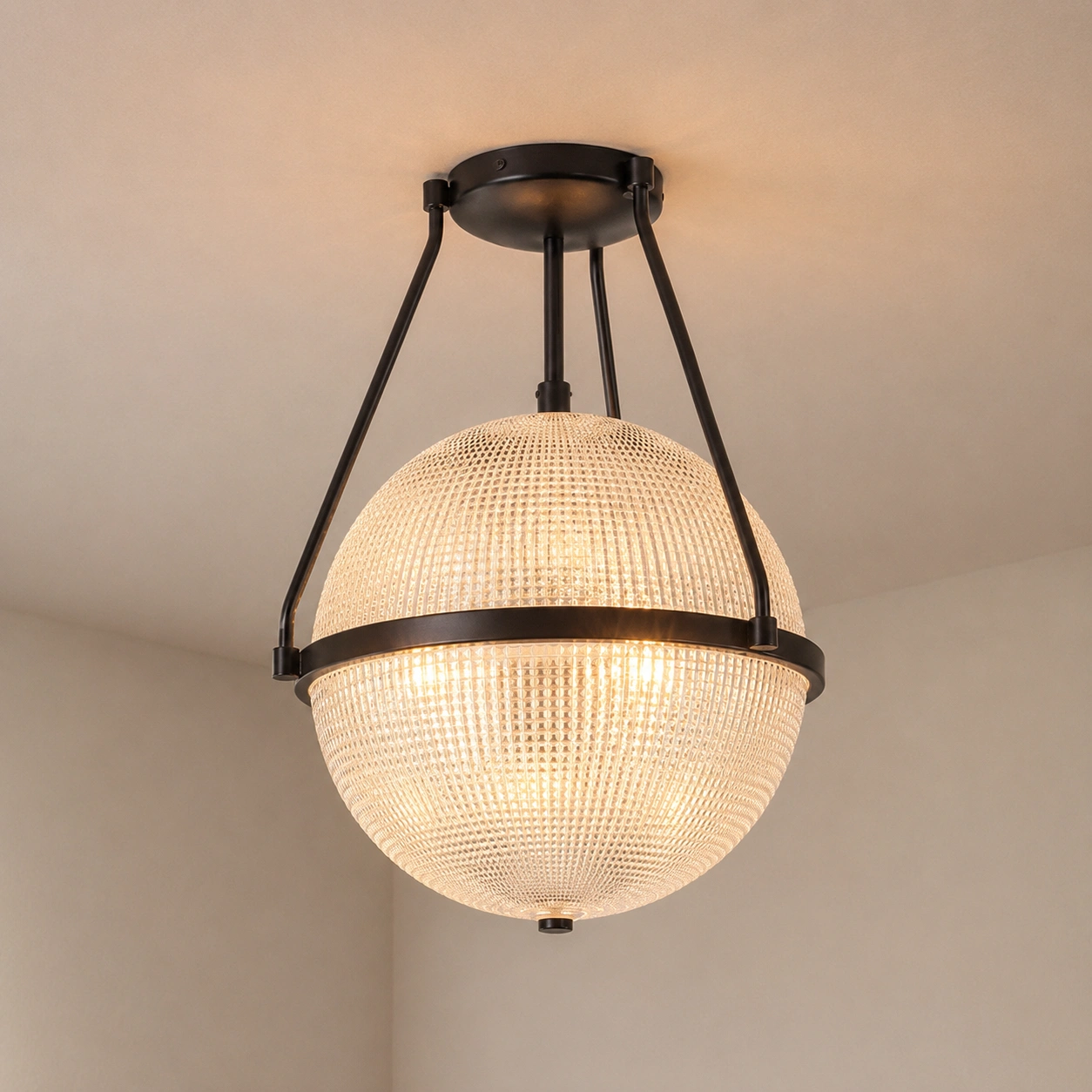 Black finish Sven ceiling light switched on