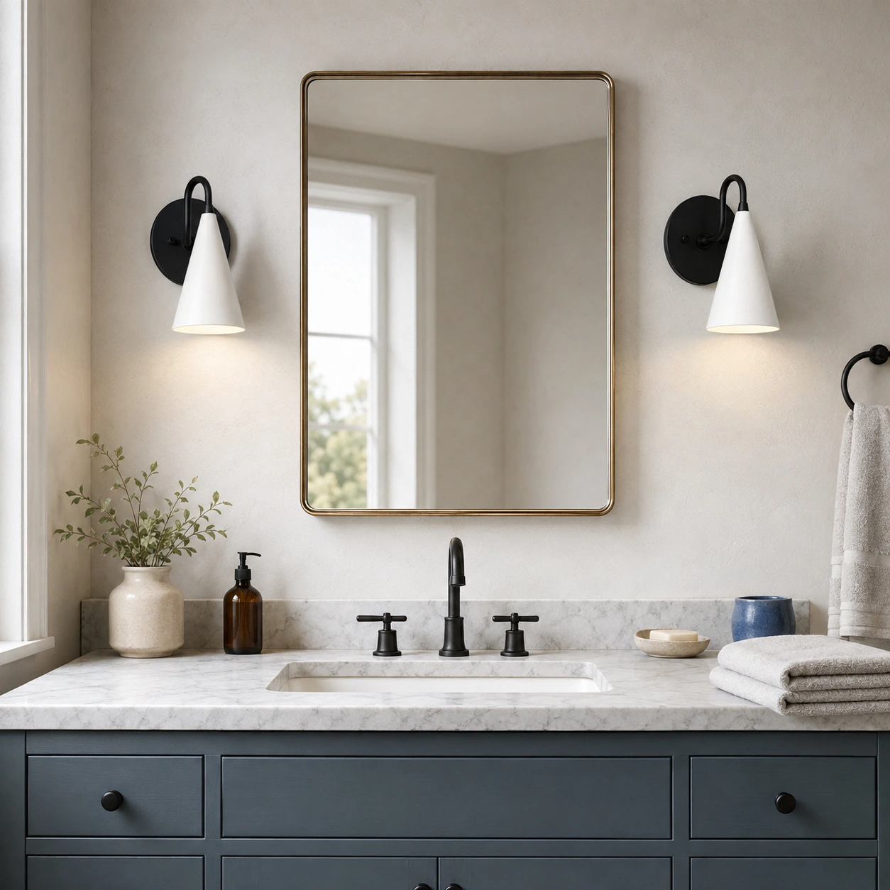 White and black sconce pair beside a bathroom mirror