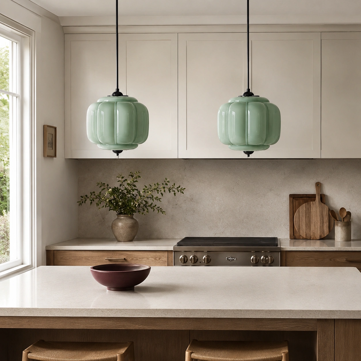 Two pale sage green pendants above a kitchen island