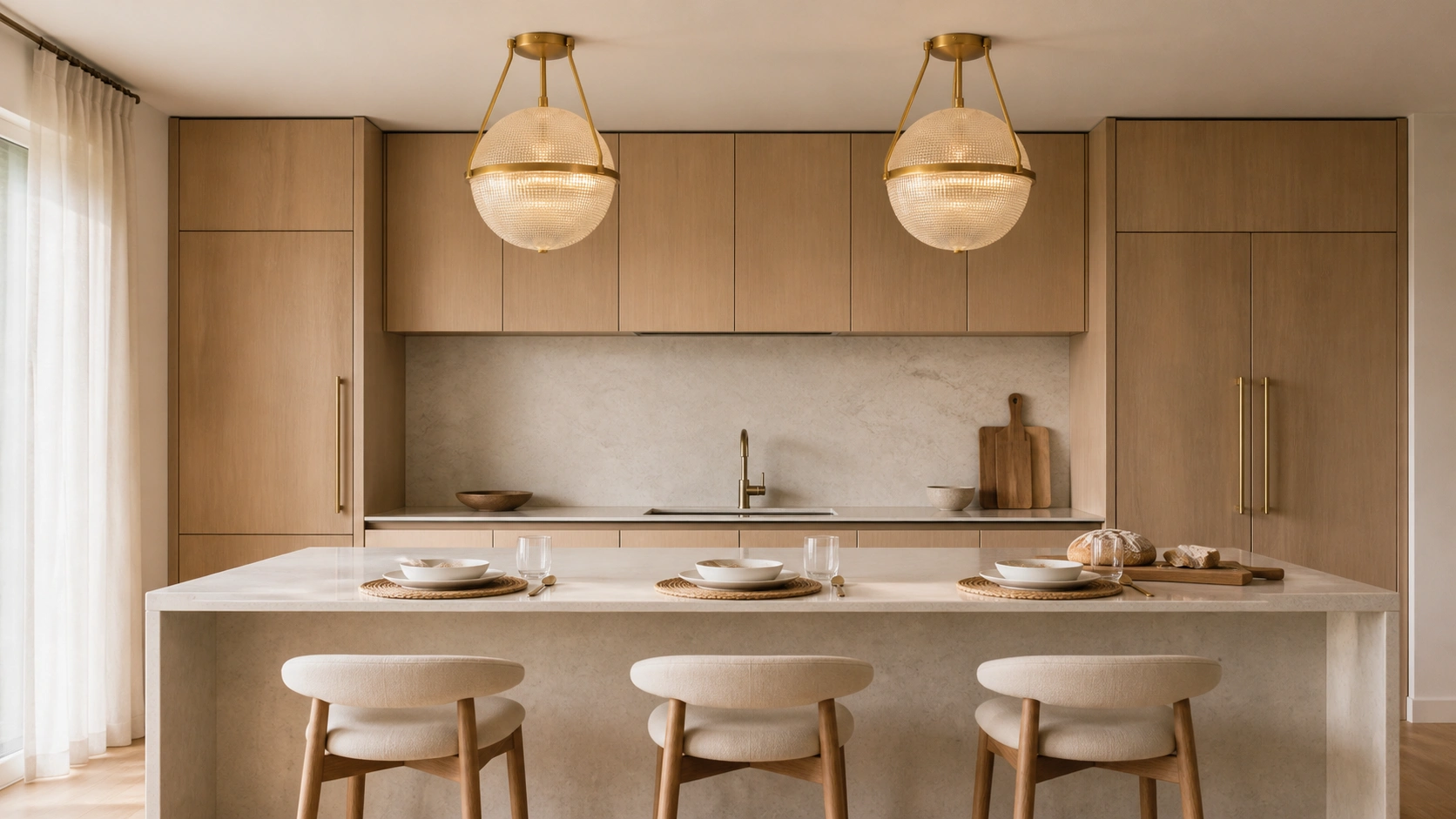 Two gold Sven ceiling lights above a modern kitchen island