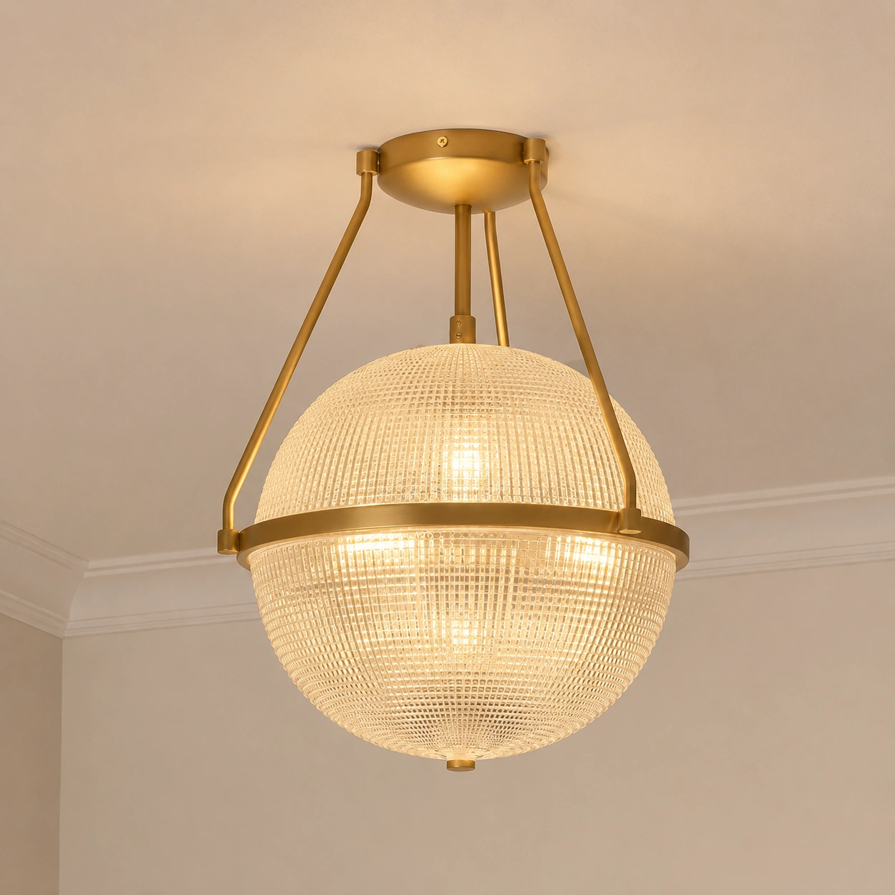 Gold finish Sven ceiling light switched on